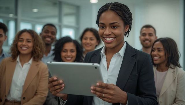 Female business leader presenting with tablet to diverse team in modern office workspace