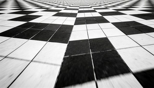 Receding Checkerboard Tiles Creating Deep Perspective and Optical Vanishing-Point Grid