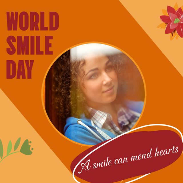 This design can be used for World Smile Day promotions, greeting cards, social media posts encouraging positivity, or inspirational messages. The smiling woman and supportive quote emphasize the theme of kindness and emotional well-being.