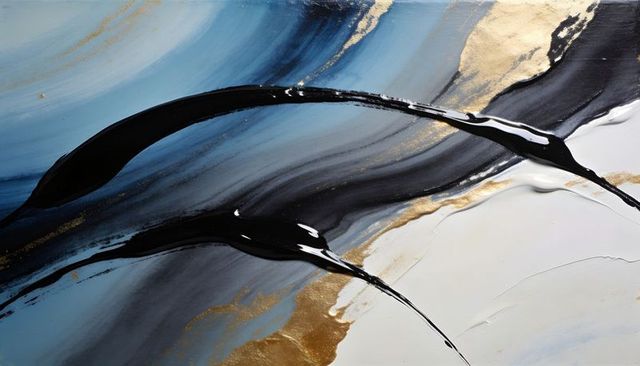 Glossy black impasto arcs flowing over blue-gray and gold veins on stretched canvas
