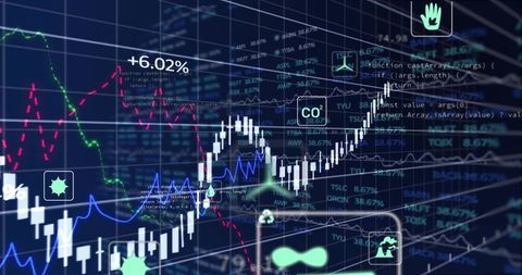 Showing rising candlestick chart with CO2 indicator and market analytics on digital dashboard