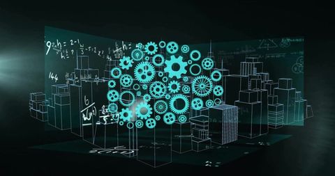 Floating gear-brain hologram hovering above wireframe city grid with equations