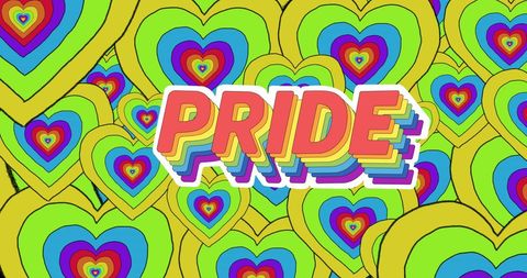 Vibrant Pride Design with Rainbow Hearts and Bold Typography