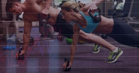 Kettlebell plank row pair performing core workout with data overlay for fitness training