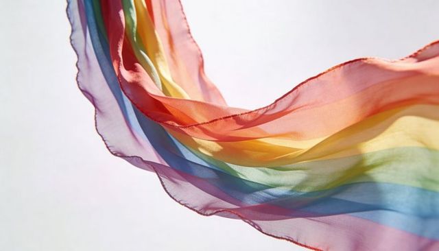 Flowing rainbow chiffon scarf sweeping across backlit studio, translucent multicolor stripes