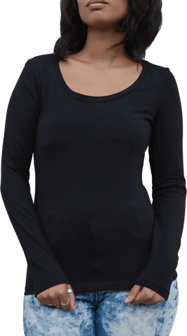 Transparent Black Long-Sleeve Shirt on Casual Woman with Denim Jeans
