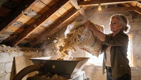 Senior woman pouring cellulose insulation into attic blower during diy home retrofit upgrade