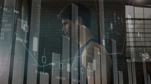 Financial Data Overlaying Man Lifting Weights in Gym