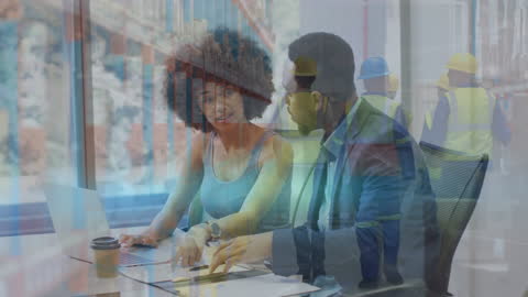 Business Team Collaborating Amidst Global Industry Scenes