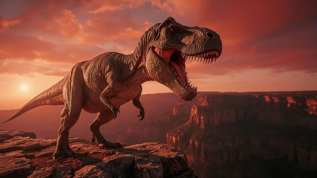 Roaring tyrannosaurus rex at sunrise on rocky cliff