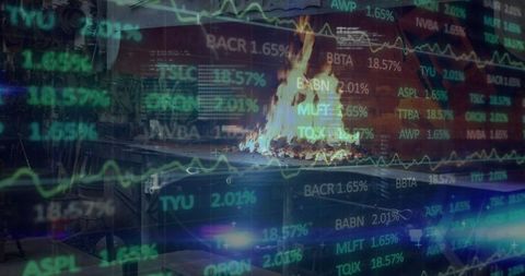 Flames and stock market graph overlay in urban setting