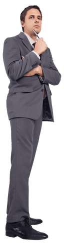 Transparent Businessman Holding Pen in Thoughtful Pose