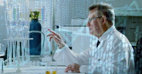 Senior scientist interacting with holographic molecular data in modern research lab
