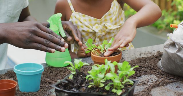 Father and daughter bonding while gardening together, touching soil and plants with a spray bottle, indicating outdoor family activity and closeness. Perfect for visuals on family bonding, parenting tips, nature-related blogs, and educational materials on gardening.
