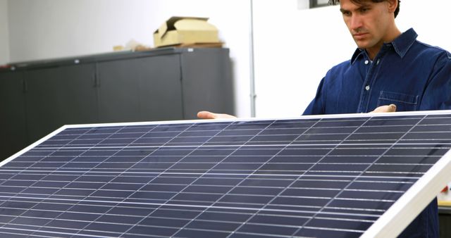 Male engineer examining solar panel in industrial workshop, showcasing renewable energy technology. Ideal for use in stories about engineering, renewable energy solutions, technical inspections, and advancements in solar power. Great for illustrating concepts of sustainability, green technology, and clean energy applications.