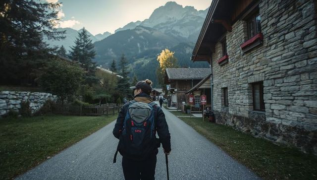 Hiker trekking through alpine village road with backpack and hiking pole