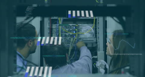 Engineers Collaborating in Server Room with Data Overlay
