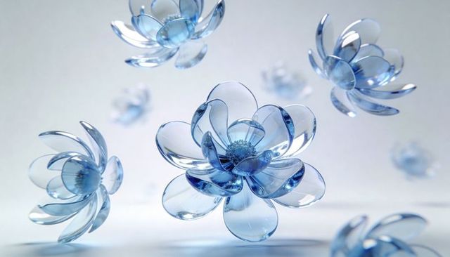 Floating translucent blue glass blossom sculptures reflecting on pale tabletop with soft bokeh light