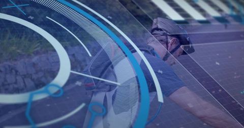 Urban Cyclist Wearing Helmet with Futuristic HUD Overlay