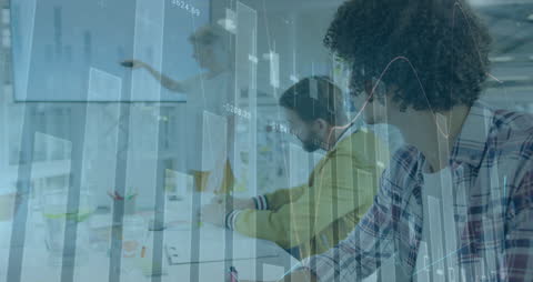 Diverse Team Analyzing Data with Modern Technology Overlay