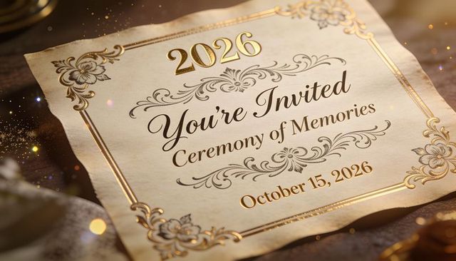 Elegant gold-foil 2026 invitation featuring vintage parchment and ornate floral embossing