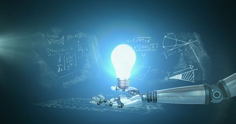 Futuristic Robotic Arm Holding Glowing Bulb with Floating Math Equations - Download Free Stock Images Pikwizard.com