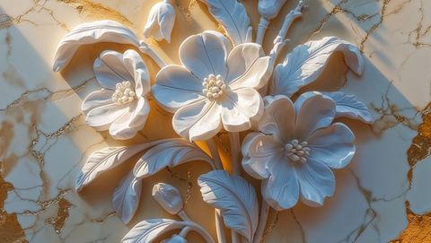 Elegant white sculpted forget me not flowers on marble gold infused wall