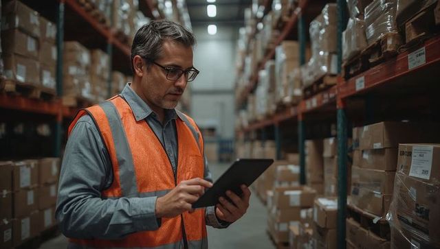 Warehouse manager checking inventory on tablet wearing high-visibility vest