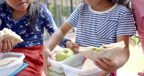 Children Lunching Together with Healthy Sandwiches and Apples