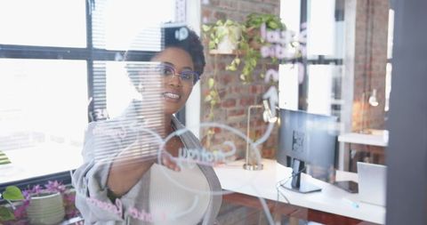 Professional Woman Planning Strategy on Glass Board in Modern Office