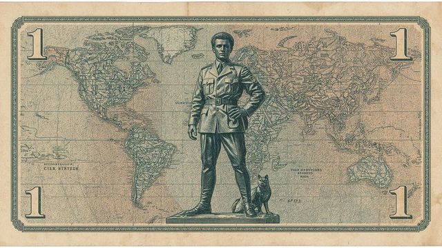 Vintage banknote design illustrating soldier statue and world map