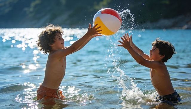 Two boys playing with colorful beach ball in shallow sunlit cove, summer water fun