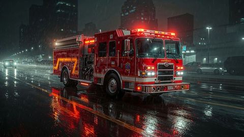 Emergency fire truck illuminating wet urban night street