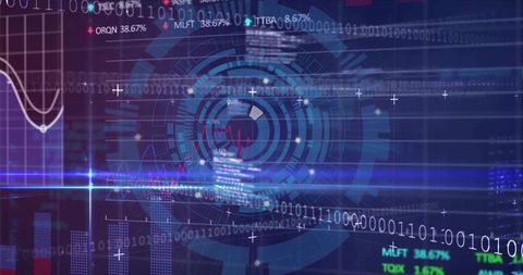 Pulsing Circular HUD Overlaying Neon Binary Data Dashboard for Fintech Analytics Visuals