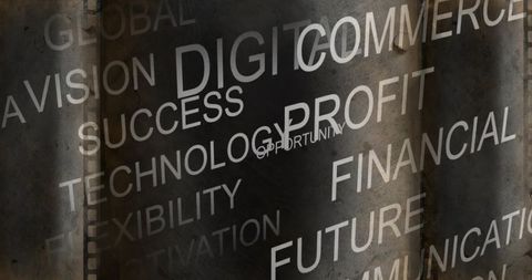 Industrial typographic wordcloud on rusted metal panels with grunge texture, perforation