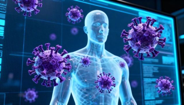Holographic human anatomy with virus particles and glowing vascular network visualization