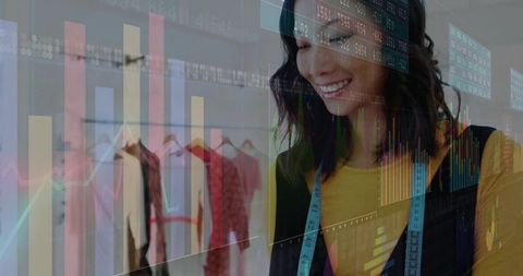 Asian Fashion Designer with Stock Chart Overlay in Studio