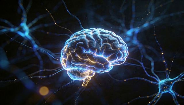 Glowing 3D Brain Connecting Neurons, Pulsing Neural Network Visualization