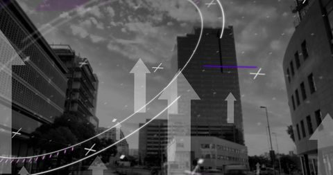 Futuristic Cityscape with Arrows and Data Processing Symbols