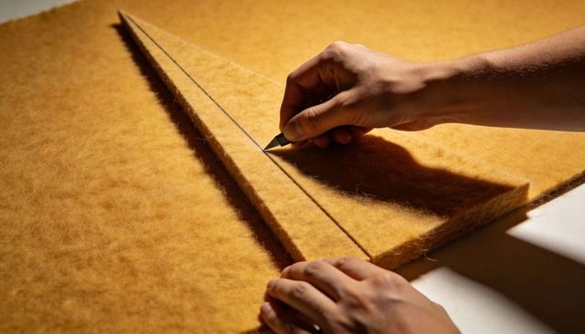 Hands cutting tan wool felt with utility knife and straightedge for upholstery craft