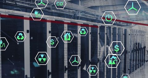 digital interface with ecology icons in modern data center - Download Free Stock Images Pikwizard.com