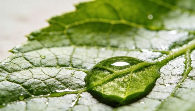 Macro dew droplet magnifying leaf veins and trichomes on vibrant green foliage surface