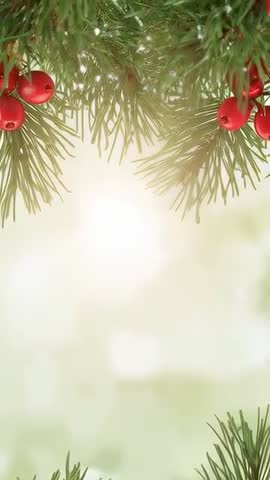 Vertical holiday bokeh: swaying pine needles and red berries with dewy droplets