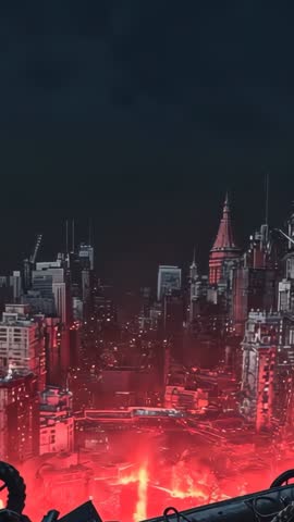 Vertical cinematic opening revealing futuristic city skyline with pulsing red fissure
