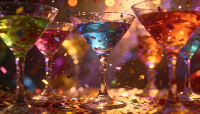 Sparkling blue martini glass catching bokeh lights amid colorful confetti party scene