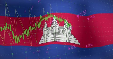 Financial chart and graph on cambodia flag background