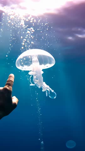 Diver Reaching Toward Translucent Jellyfish Floating Near Sunlit Ocean Surface