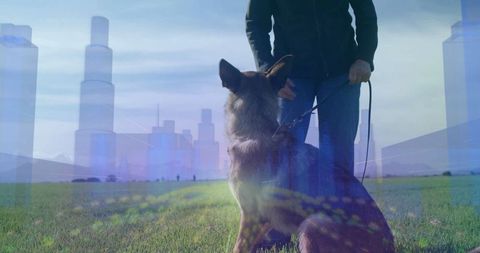 Silhouetted Dog Owner Standing With German Shepherd Near Urban Skyline