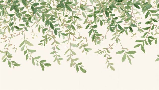 Hanging watercolor greenery canopy on pale beige backdrop for botanical wedding design