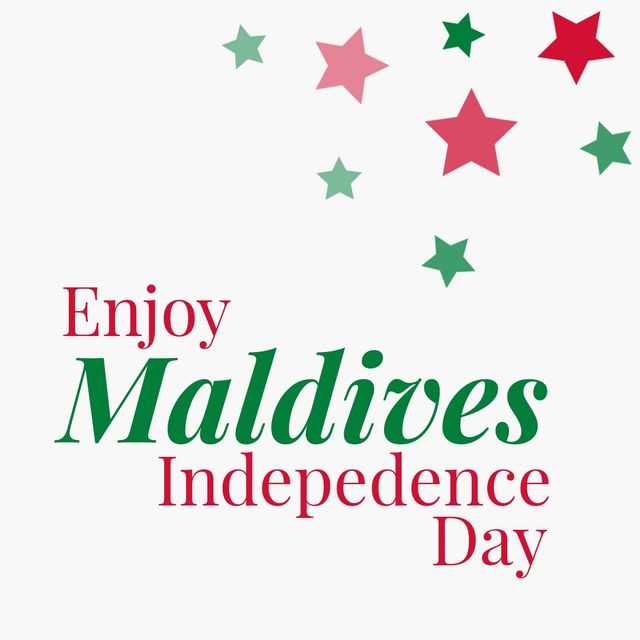 Illustration of enjoy maldives independence day text with colorful stars on white background. copy space, vector, patriotism, celebration, freedom and identity concept.